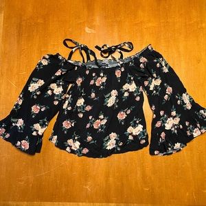American Eagle Floral Cold Shoulder Tie Top with Flare Sleeves